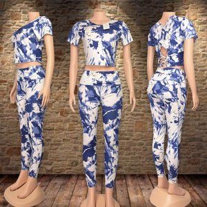 Women's 2 Piece Outfits Sexy Bodycon Short Sleeve Crop Top + High Waist Leggings